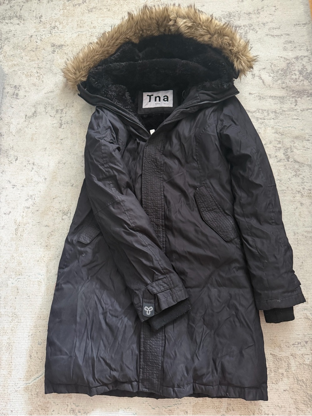 Tna Women's Black Parka with Faux-Fur Hood